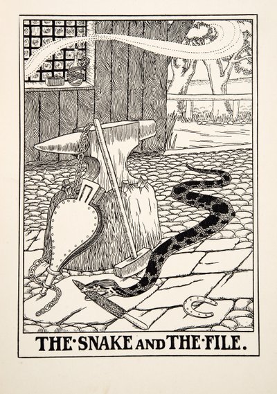 The Snake and the File, från A Hundred Fables of Aesop, pub.1903 (gravyr) av Percy J. Billingshurst