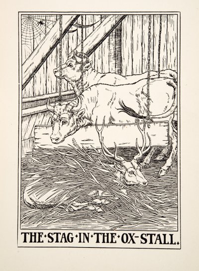 The Stag in the Ox Stall, från A Hundred Fables of Aesop, pub.1903 (gravyr) av Percy J. Billingshurst