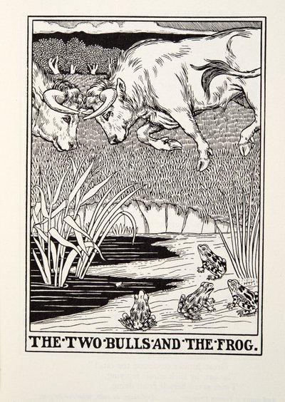 De två tjurarna och grodan, från Fontaine Fables, pub. 1905 av Percy J. Billingshurst