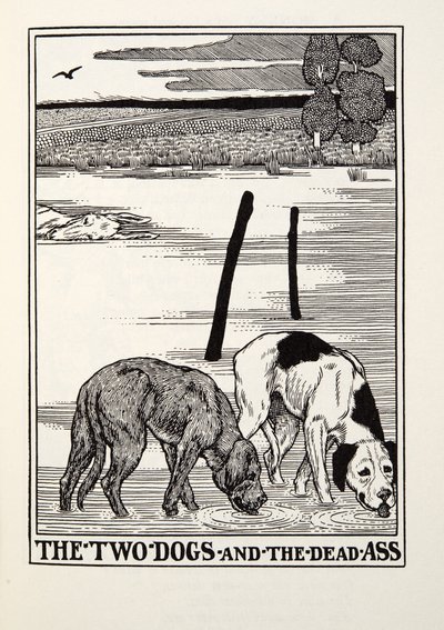 The Two Dogs and the Dead Ass, från Fontaine Fables, pub. 1905 av Percy J. Billingshurst