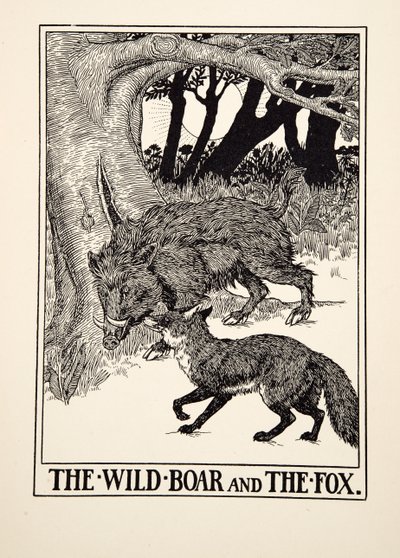 Vildsvinet och räven, från Aesops hundra fabler, pub.1903 (gravyr) av Percy J. Billingshurst