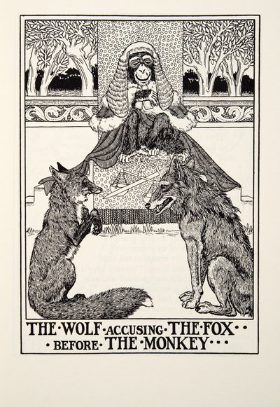 Vargen som anklagar räven före apan, från Fontaine Fables, pub. 1905 av Percy J. Billingshurst