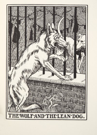 Vargen och den magra hunden, från Fontaine Fables, pub. 1905 (gravyr) av Percy J. Billingshurst