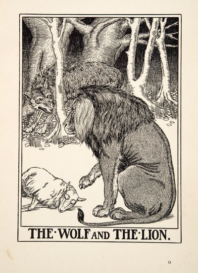 Vargen och lejonet, från Aesops hundra fabler, pub.1903 (gravyr) av Percy J. Billingshurst
