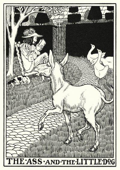 Fables of La Fontaine: The ass and the little dog (litho) av Percy James Billinghurst