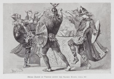 Dans: Vikingarnas svärddans runt de heliga hornen, cirka 900 (litho) av Percy Macquoid