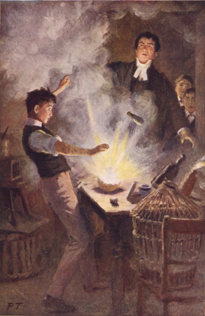 Upp gick det hela i en stor flamma (färg litho) av Percy Tarrant