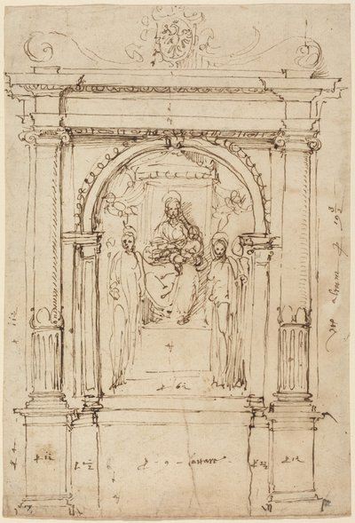 Altartavla med Madonna och barnet med helgon, i sin arkitektoniska miljö av Perino del (1501-47) Vaga