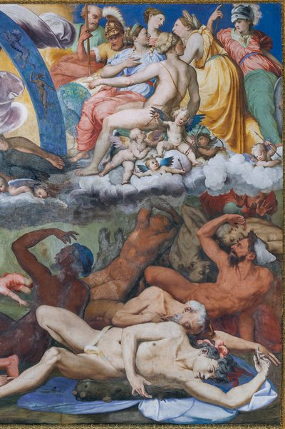 Zeus slår de upproriska jättarna (jättarnas fall) i The Hall of Jupiter av Perino del Vaga