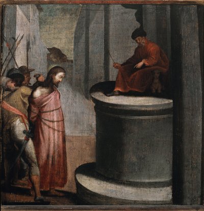 Kristi passion: Jesus och Pontius Pilatus (olja på trä av Perino del Vaga