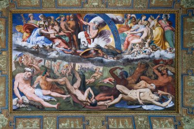Zeus slår de upproriska jättarna (jättarnas fall) i The Hall of Jupiter av Perino del Vaga