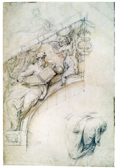 Dekoration av en vägg över en ingångsbåge med en profet och två Puttos, c1525 av Perino del Vaga