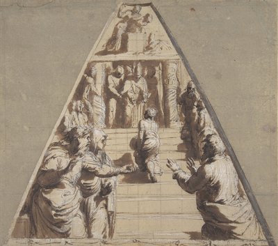 Presentation av jungfrun i templet nedan, Abraham på väg att offra Isak ovan, 1520. av Perino del Vaga