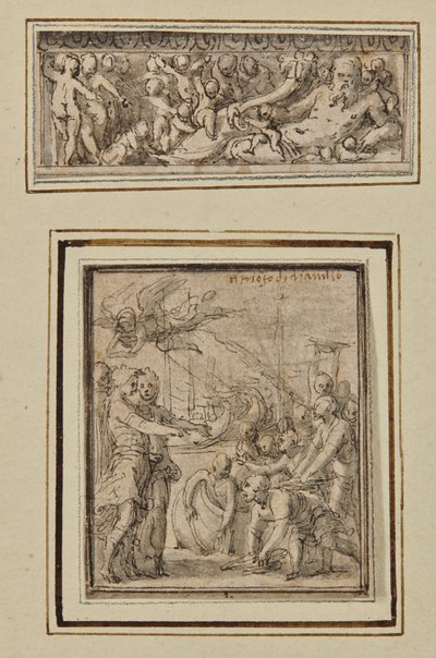 Flodgud omgiven av putti; och Triumf av Marcus Furius Camillus av Perino del Vaga