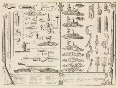 Gravering av skjutvapendelar, ca. 1750., ca. 1750. av Perrier