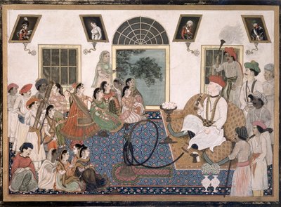 En europé, förmodligen Sir David Ochterlony (1758-1825), i indisk klädsel, rökte vattenpipa och tittade på en nautch i sitt hus i Delhi, ca 1820 (bläck & färg på papper) av Persian School