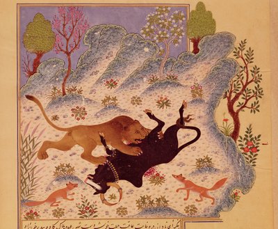 Ett lejon som attackerar och dödar en tjur, från ett Kabila wa Dimna-manuskript (gouache på papper) av Persian School