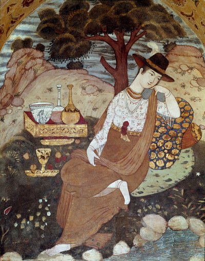 En persisk prinsessa under Abbas I:s styre, vilande 1600-talet. Fresk från Palace of the 40 Columns (Chehel Sotoun) i Isfahan (Isfahan eller Esfahan, Isfahan), Iran. av Persian School