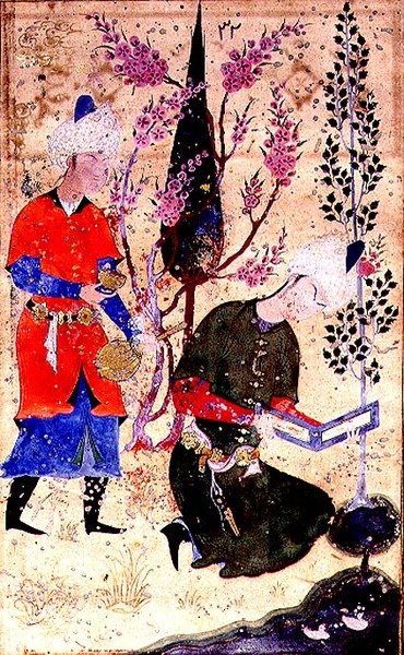 En sittande prins läser medan en tjänare serverar vin, från Tohfat Al-Ahrar, Bokhara School av Persian School