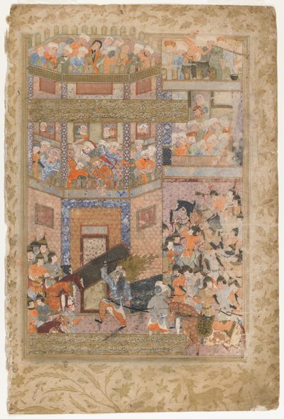 Ali lyfter portarna till Qamus, från en Rawzat al-safa, 1571-72 av Persian School