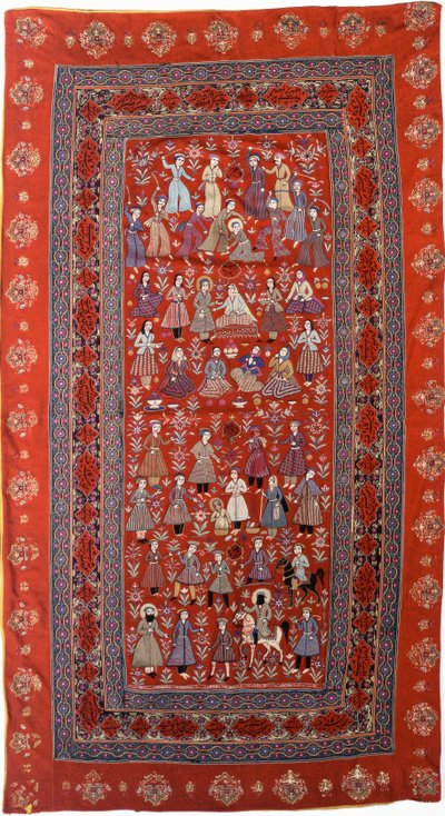 En broderad hängning av rött ullduk med rader av figurer som föreställer Josefs liv av Persian School