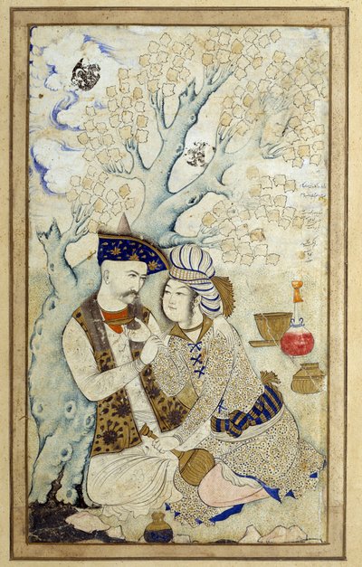 Art Islam: Porträtt av Shah Abbas I som omfamnar en av hans sidor. Persisk teckning från 1672. Mått: 0,16 x 0,27m. Paris, Louvren av Persian School