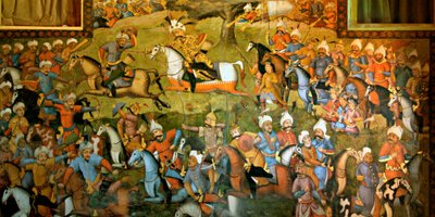 Slaget vid Taher-Abad eller slaget vid Merv med Shah Ismail I:s seger över Muhammad Shaybani Khan, mottagningshallen, Chehel Sotun, 1647 av Persian School