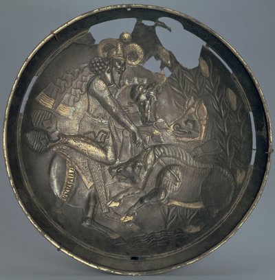 Fat dekorerad med en scen av prins Varahran på jakt, sassaniddynastin (226-651) (silver med förgyllning) av Persian School