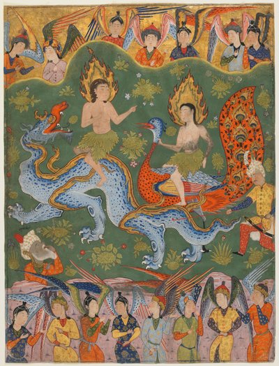 Folio från en Falnama (Omens bok); verso: Utvisning av Adam och Eva, Qazvin, Iran, Safavidperioden, mitten av 1550-talet (ogenomskinlig akvarell, bläck och guld på papper) av Persian School