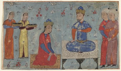 Folio från en Shahnama (Kungarnas bok) av Firdawsi (d.1020); recto: Sindukht Before Sam, Iran (ogenomskinlig akvarell, bläck och guld på papper) av Persian School
