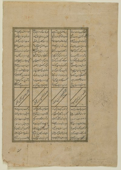Folio från en Shahnama (Kungarnas bok) av Firdawsi (d.1020); recto: Striden mellan Kay Khosrow och Afrasiyab och Afrasiyabs reträtt; verso: text från berättelsen om Kay Khusraw, fristående manuskript f av Persian School