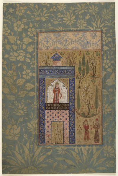 Folio från en antologi; Two Youths before a Princess at a Window, Iran, 1417-18 (ogenomskinlig akvarell och guld på papper) av Persian School