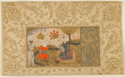 Folio från en oidentifierad text; En kvinna samtalar med en sittande man vid en bäck, Iran, ca 1500 (ogenomskinlig akvarell, bläck och guld på papper) av Persian School