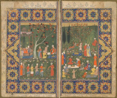 Folio från en oidentifierad text; tergo: En fest i en trädgård, Shiraz, Iran, ca 1570 (ogenomskinlig akvarell, bläck och guld på papper) av Persian School