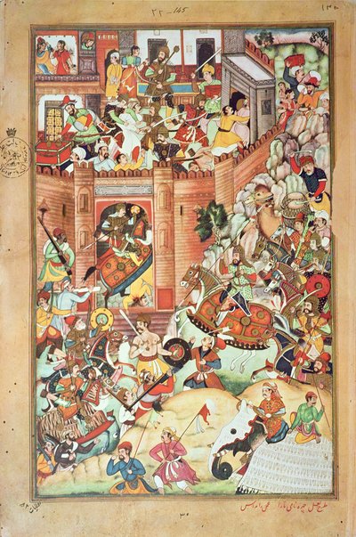 Djingis Khan erövrar en kinesisk stad, miniatyr från "Djingis Khans persiska historia" färdigställd 1596 av Persian School