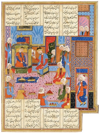 Illustration från en Safavid Shahnama: Alexander, i förklädnaden av ett sändebud, erkänns av drottning Nushaba, Shiraz, Iran, 1650-1700 av Persian School