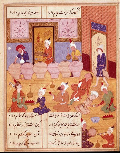 Islamisk konst: "" bankett med musiker""" Miniatyr som illustrerar dikterna av den persiske poeten Hafez (Hafiz Shirazi), persiskt manuskript. 1554 San Lorenzo de El Escorial, Kungliga biblioteket i klostret El Escorial, Madrid av Persian School