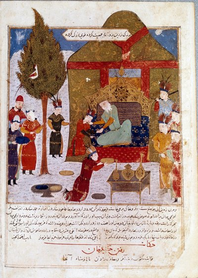 Den mongoliske kejsaren Djingis Khan (1167-1227) på sin tron i ett läger nära Ilmil med sina barnbarn Quibalai och Hule Gu persisk miniatyr tagen från Jami al-Tawarikh (Jami al tawarikh) (Det mongoliska imperiets historia) av Rashid al-Din ( al Din) (B.124 av Persian School