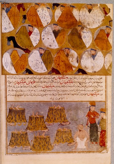 Mongoliska tält och fångar av Djingis Khan (1162-1227): Djingis Khan låter anhängare av Djamuqua, en mongol från Jadjirat-stammen kastas i kittlarna. Persisk miniatyr hämtad från "" Jami al-tawarikh"" (Jami al tawarikh) eller "" Universal History"" av Persian School