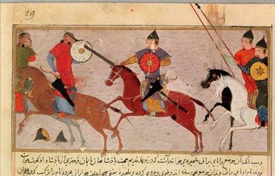 Ms Pers.113 f.29 Genghis Khan (c.1162-1227) Fighting the Tartars, från en bok av Rashid-al-Din (1247-1318) (gouache) av Persian School