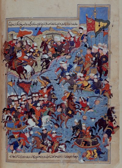 Eller 5736 fol.122v Slaget mellan Timur (1336-1405) och Tuqtamish Khan 1395, från 