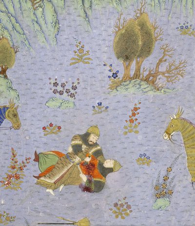 Persiska 239 fol.67b Detalj: Suhr?b dödad av Rustam, illustration från Shahnama (Kungarnas bok), av Abul-Qasim Mansur Firdawsi (c.934-c.1020), 1444 av Persian School