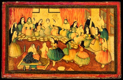 Persisk kvinnofest, halva bokomslaget, Iran, 1800-talet (färgad papier mache med guld och bläck) av Persian School