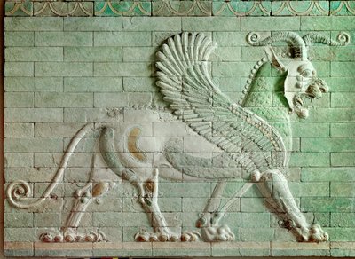 Persisk period rouenide (Iran): låg relief i emaljerat tegel som representerar en griffon. Från Darius I:s palats (550-486 f.Kr.), kung av Persien till Susa. 510 f.Kr. Paris, Louvren av Persian School