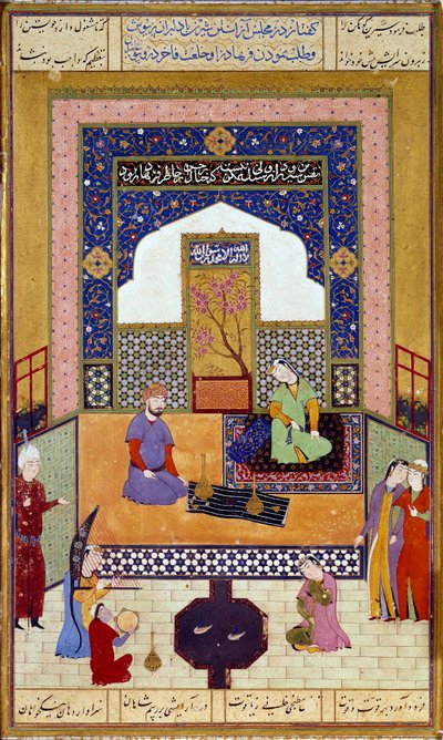 Prinsessan Shirin (Chirin) tar emot Farhad i sitt persiska miniatyrslott som illustrerar ett avsnitt av Nizamis "Khamsa" (Fem dikter) (1141-1209) Paris musee du Louvren från 1500-talet av Persian School