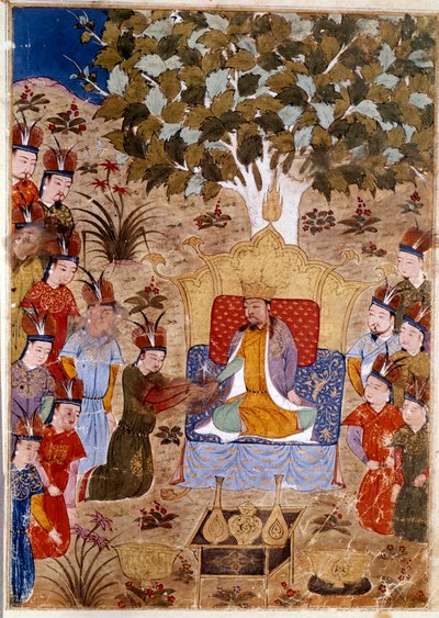 Representation av Chaghtai Khan (1227-1242) på sin tron, han är son till Djingis Khan till häst. Persisk miniatyr hämtad från Jami al-Tawarikh" (Jami al tawarikh) eller ""Universal History"" av historikern Rashid al-din (al din) (1247-1318) Omkring 1430. av Persian School