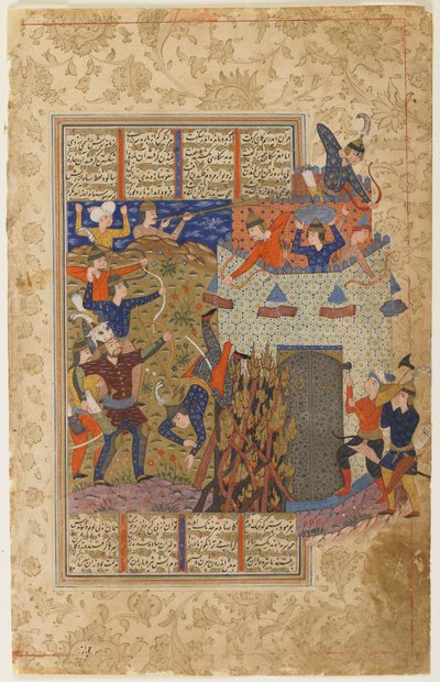 Rustam och hans män attackerar fästningen Gang Dizh från en Shahnama av Persian School