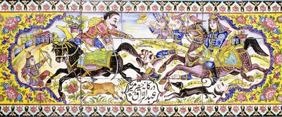 Andra kartuschen från en lång panel av cuerda seca-plattor, föreställande jakt- och stridsscener, 1800-talet av Persian School