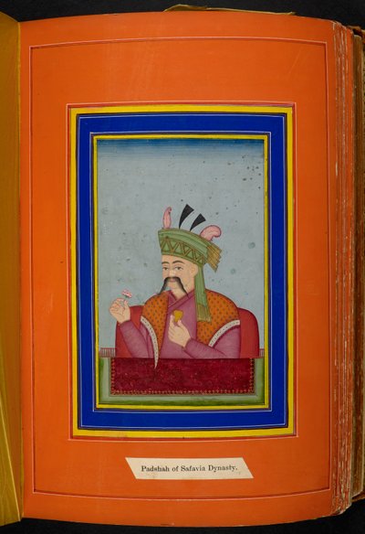 Shah Abbas I av Persien (reg. 1588-1629) huvud- och axlarporträtt, till vänster (ogenomskinlig akvarell på papper) av Persian School