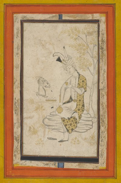 Shah Tahmasp I sittande på klippan, Safaviddynastin (bläck och guld på papper) av Persian School
